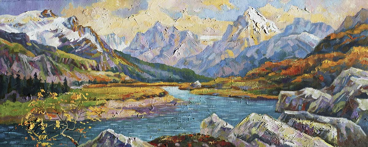 A painting of a river and mountains