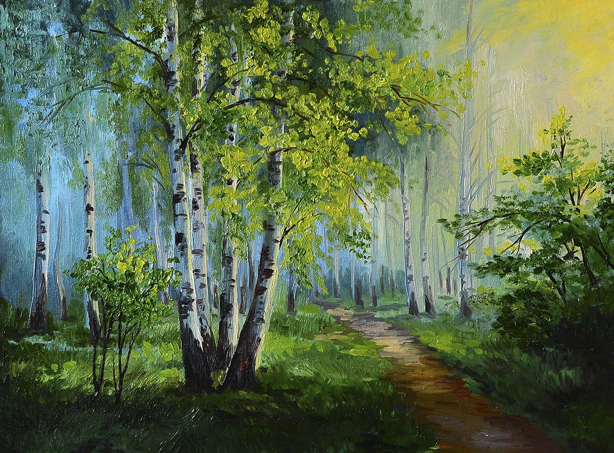 A painting of a forest with trees and a path