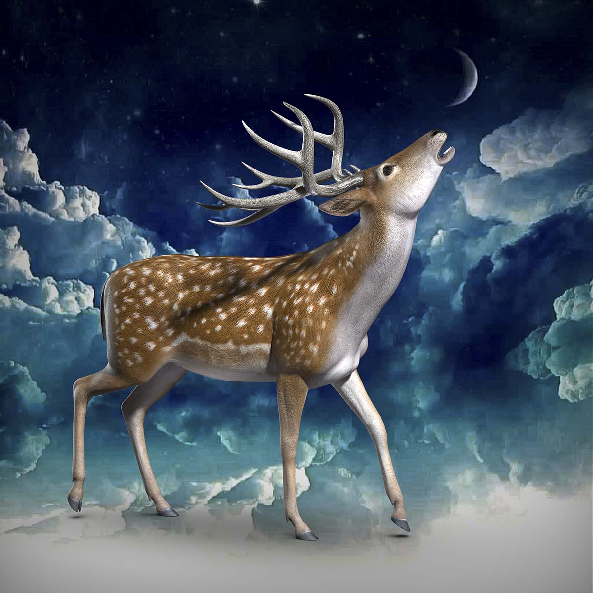 A deer with antlers and moon in the sky