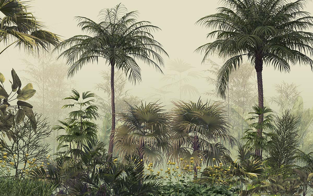 A group of palm trees and plants