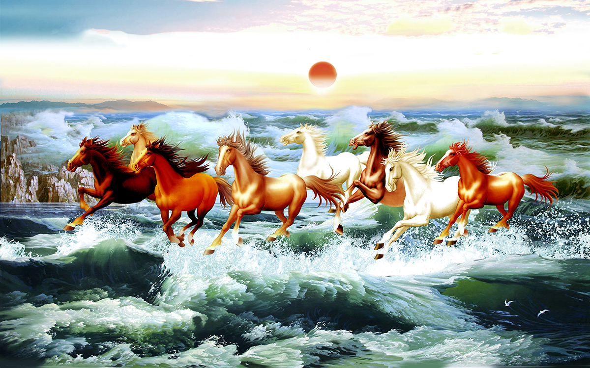 A group of horses running in the water