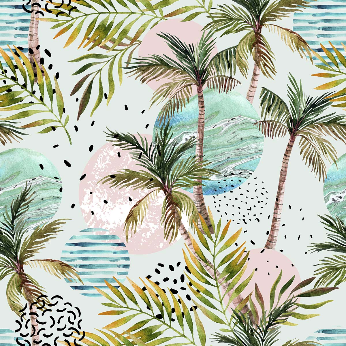 A watercolor palm trees and circles