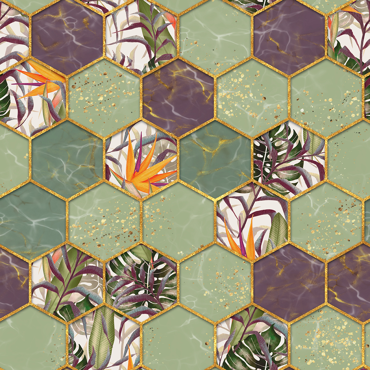 A pattern of hexagons with leaves