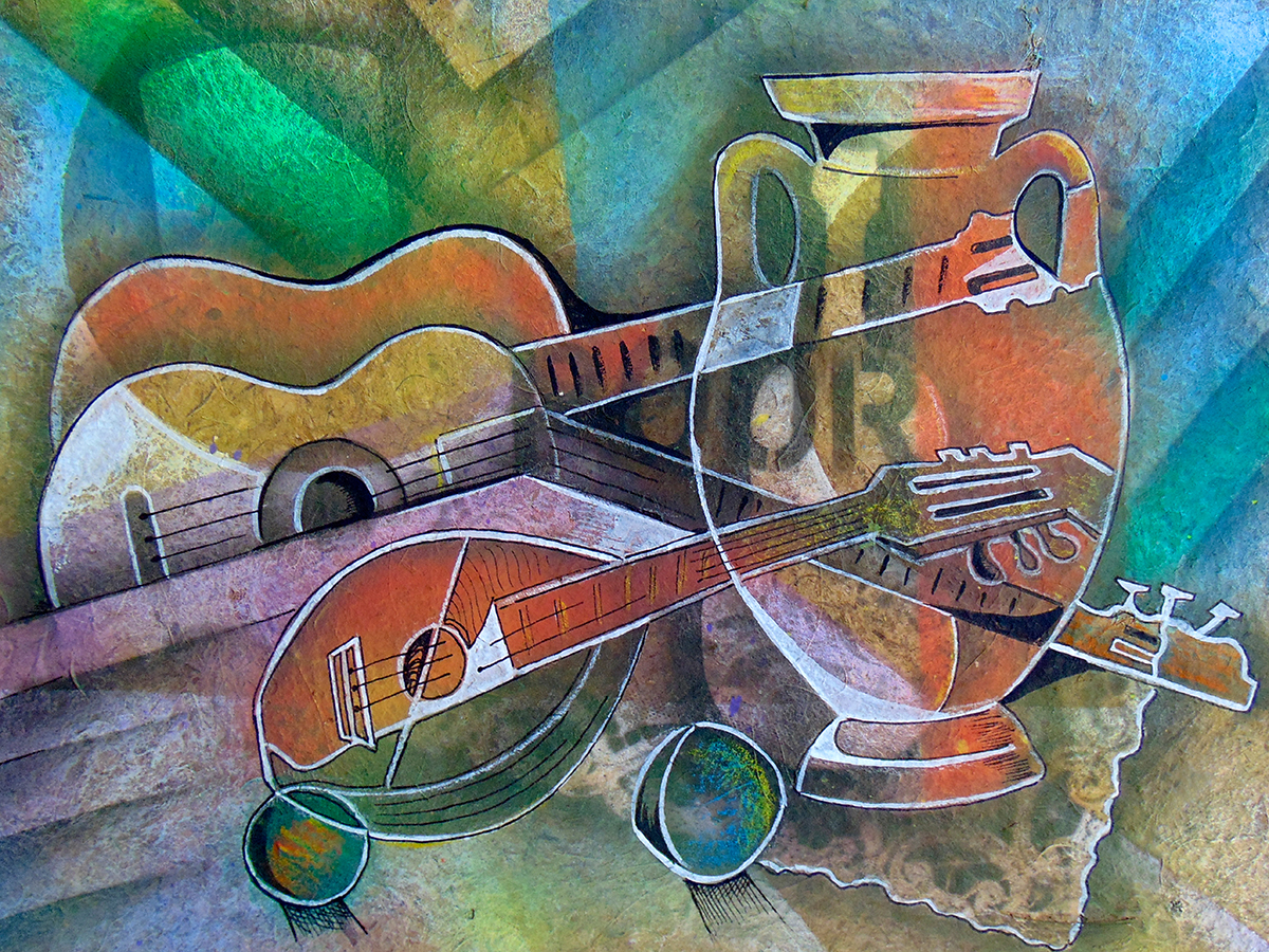 A painting of a guitar and a jug