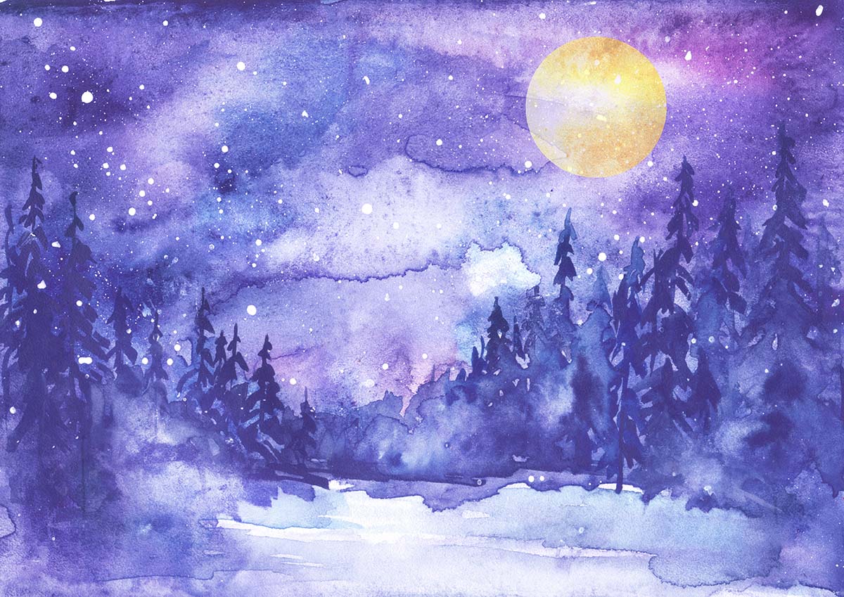 A watercolor painting of a snowy forest