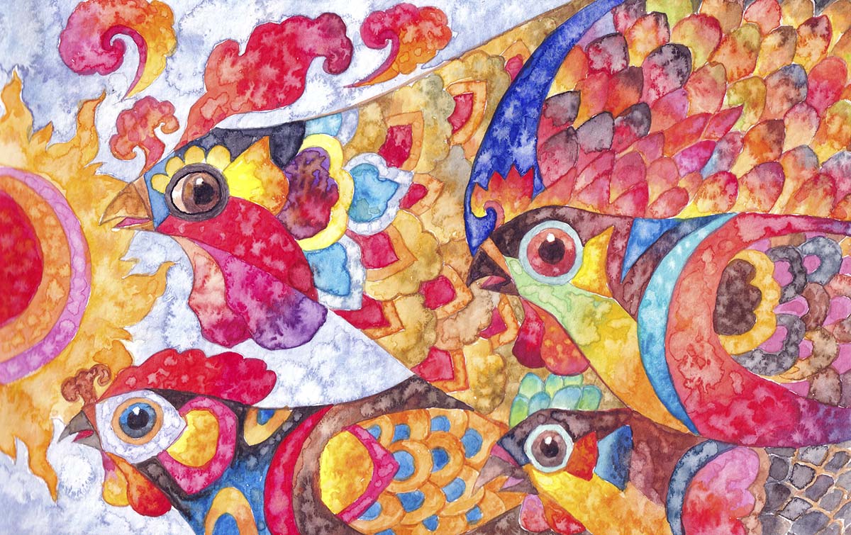 A colorful bird painting