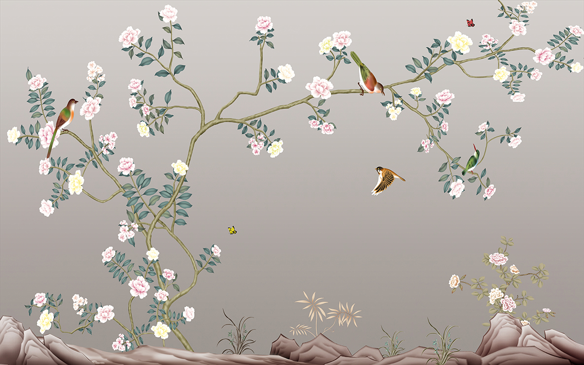A tree with flowers and birds