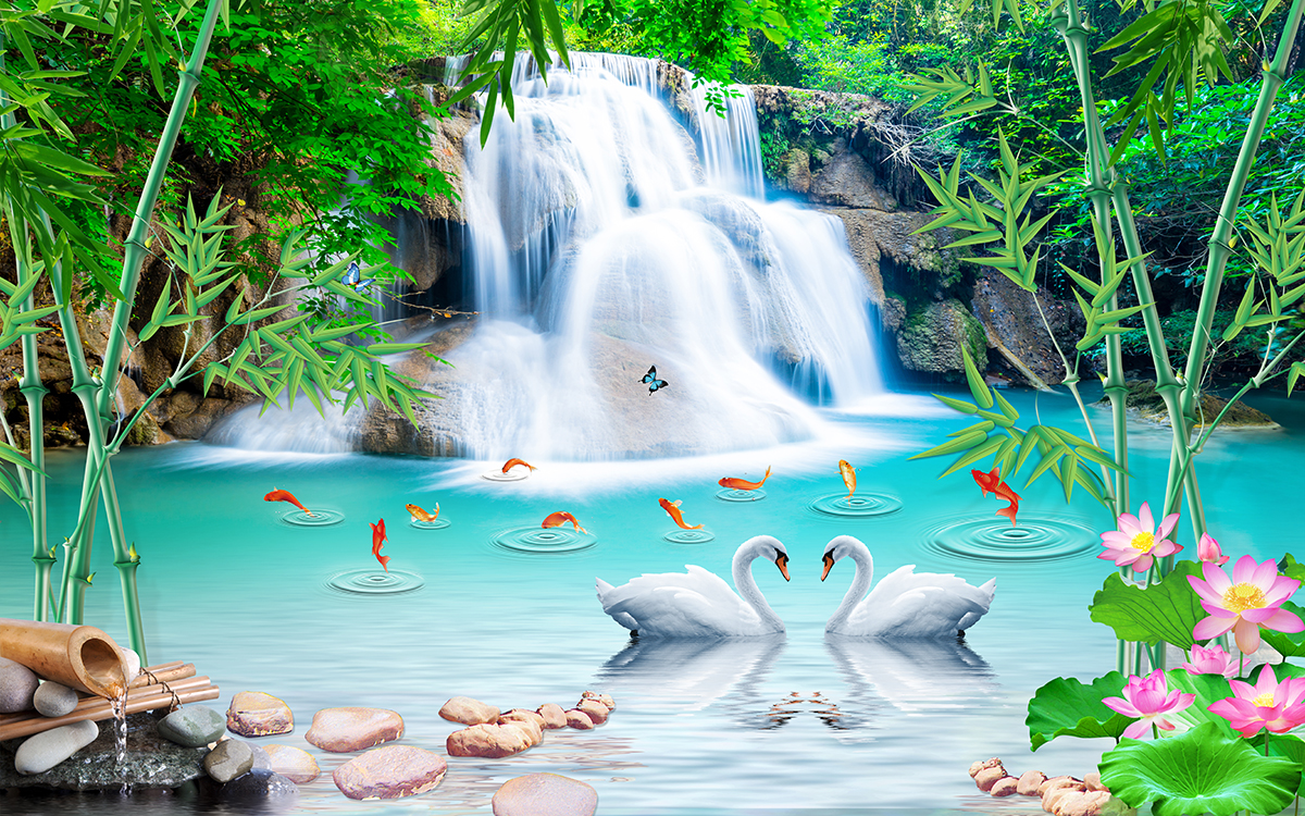 A waterfall with a couple of swans in the water