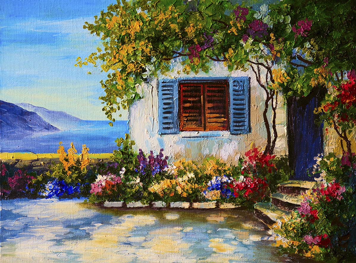 A painting of a house with flowers and a blue door
