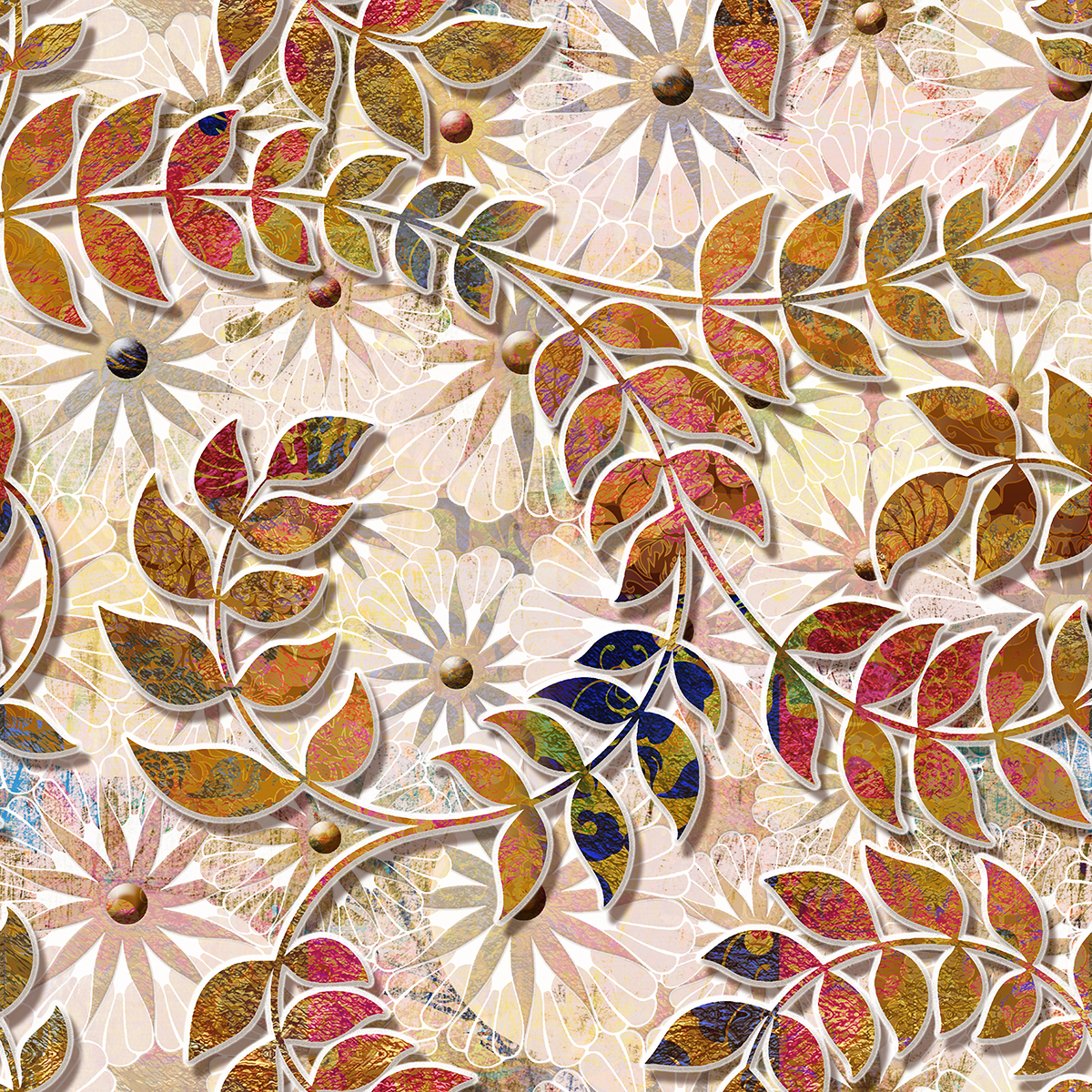 A colorful floral pattern with leaves