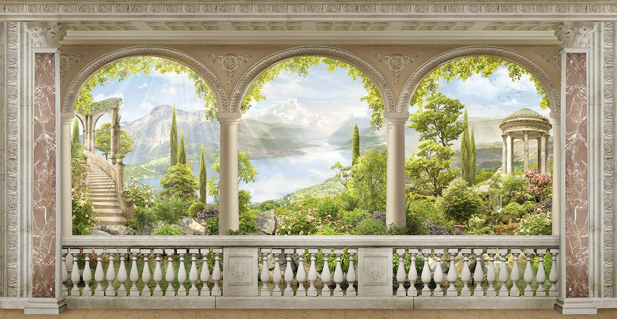 A balcony with a view of a landscape