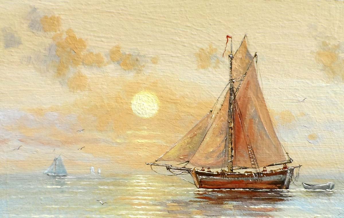 A painting of a sailboat on the water