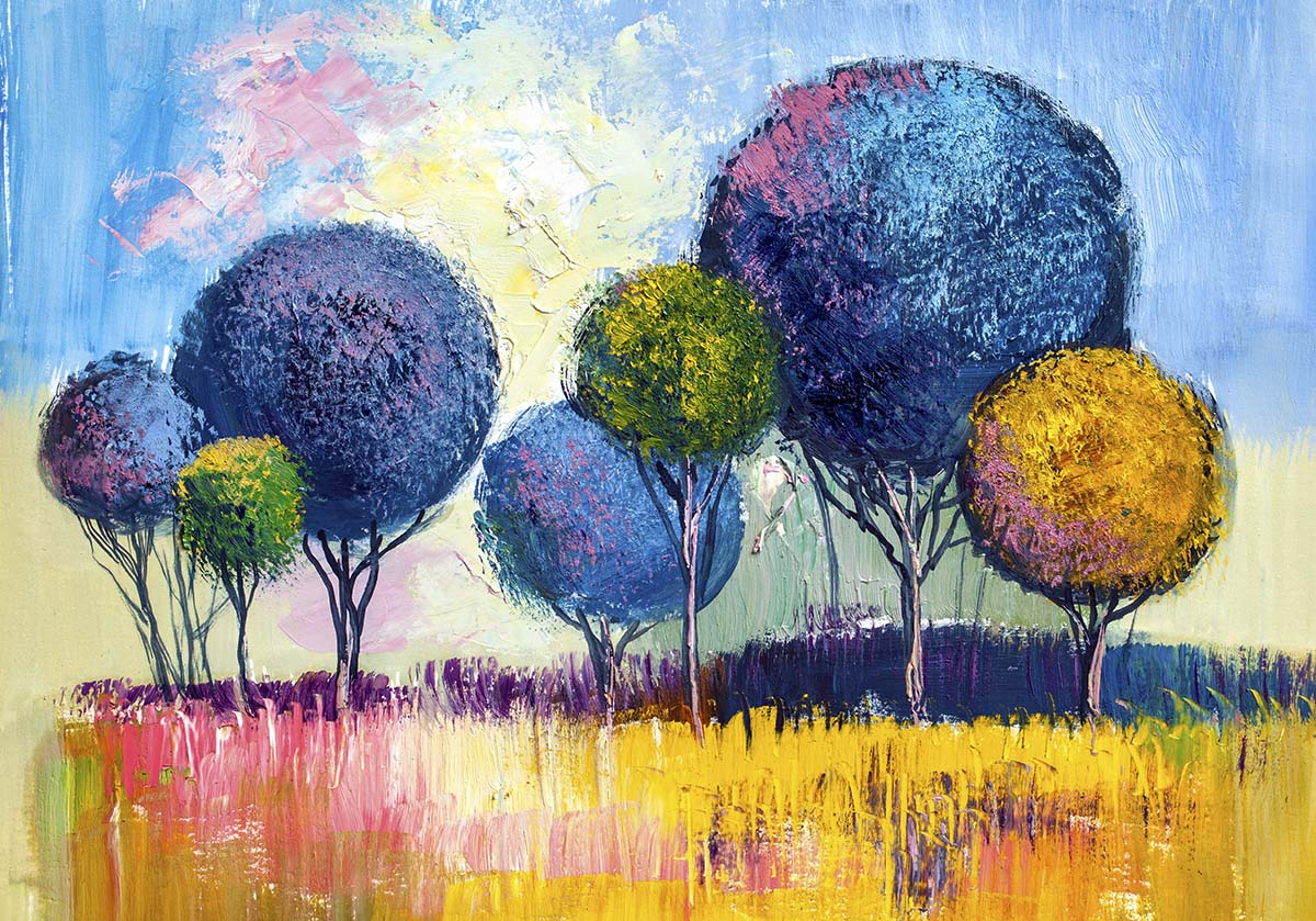 A painting of trees in a field