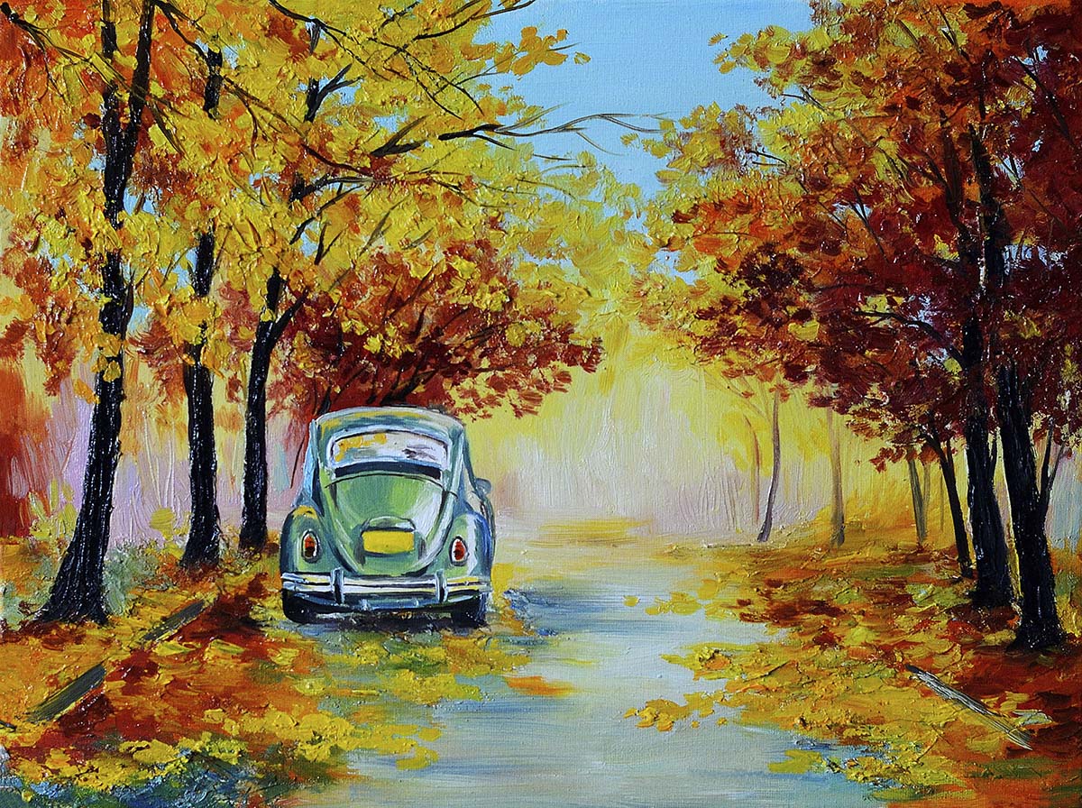 A painting of a car on a road with trees and leaves