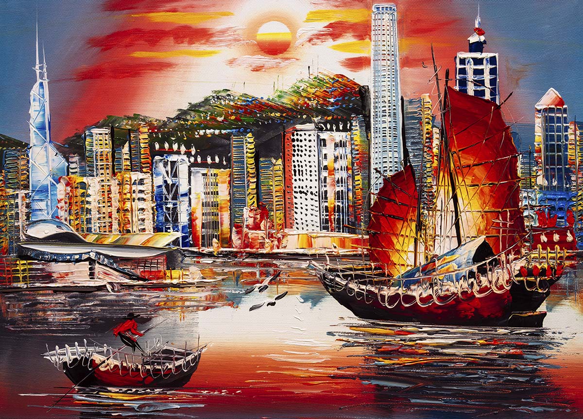 A painting of boats in a city
