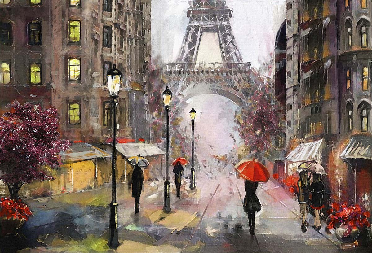 A painting of people walking with umbrellas in a city