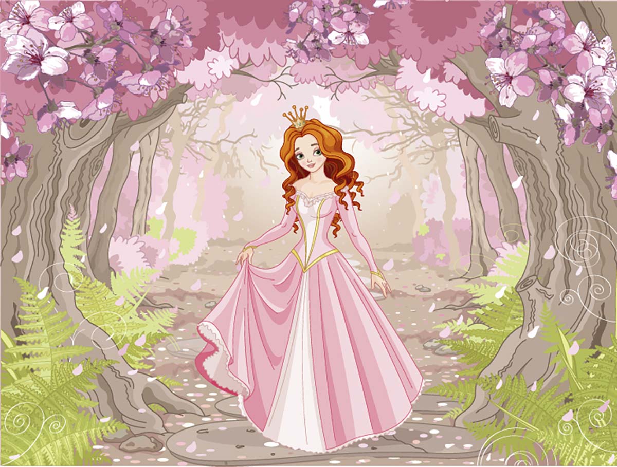 A cartoon of a princess in a pink dress