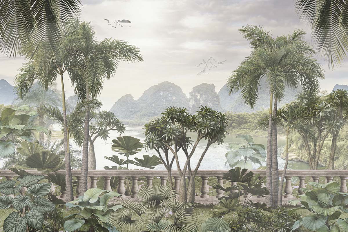 A landscape of a tropical island with palm trees and a body of water