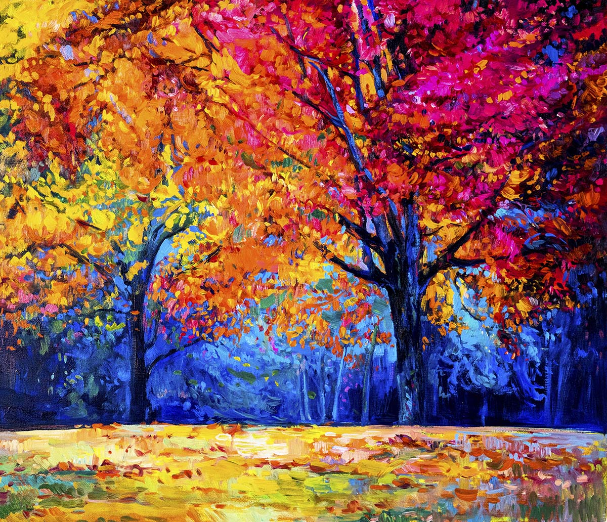 A painting of trees with colorful leaves