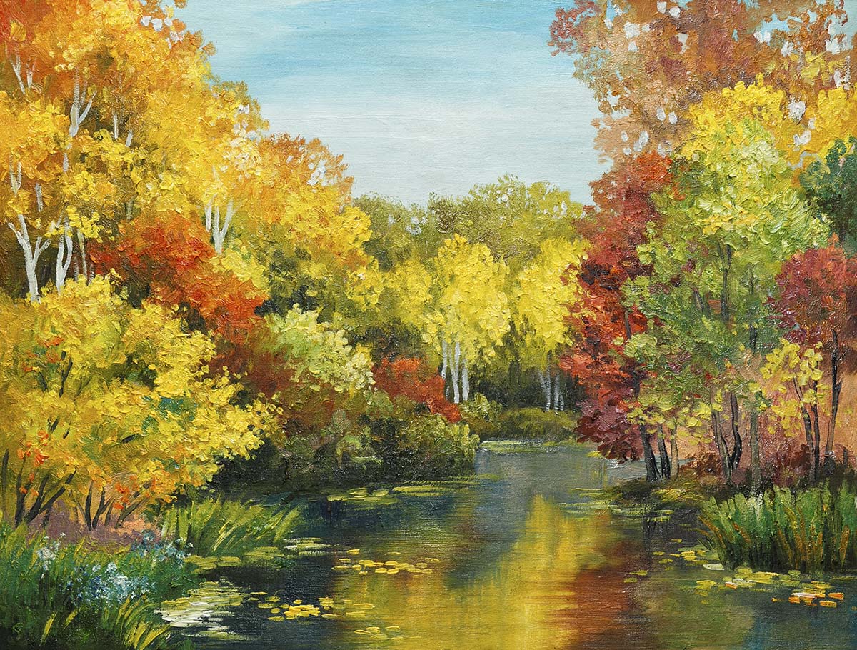 A painting of a river with trees and plants