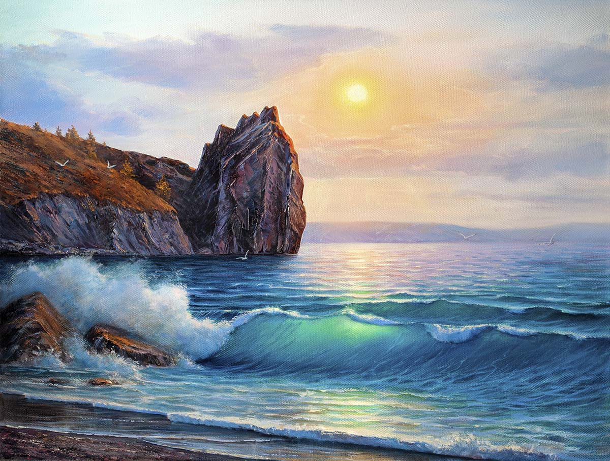 A painting of a beach with waves crashing on rocks
