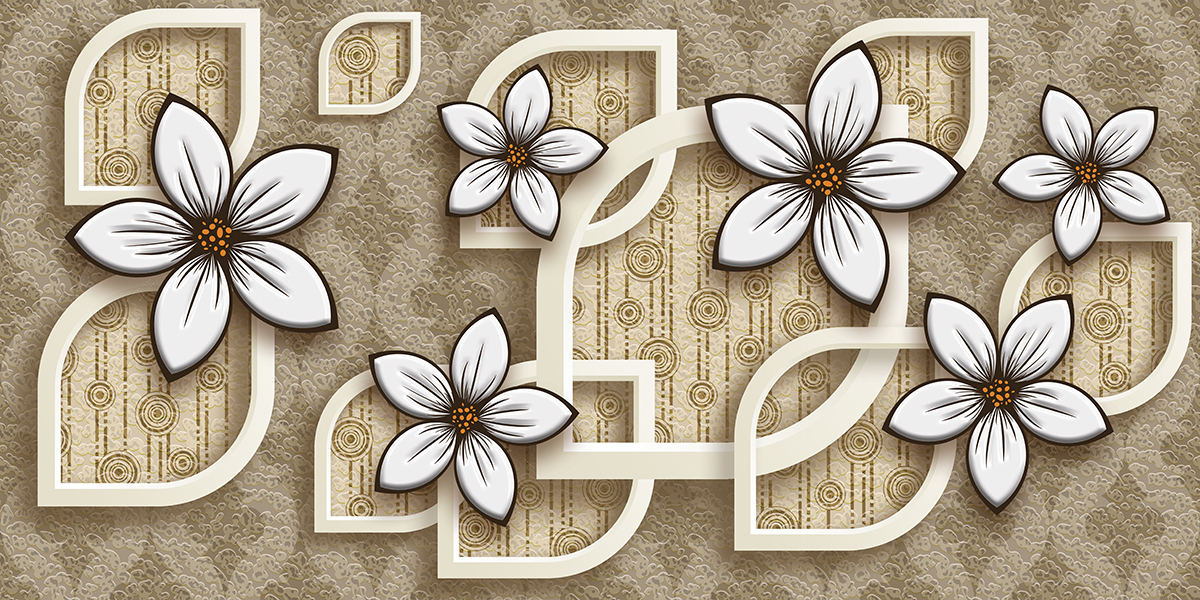 A wallpaper with white flowers and curved shapes