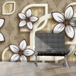 A wallpaper with white flowers and curved shapes