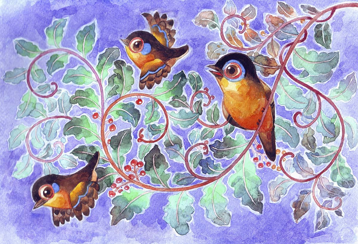 A watercolor painting of birds on a vine