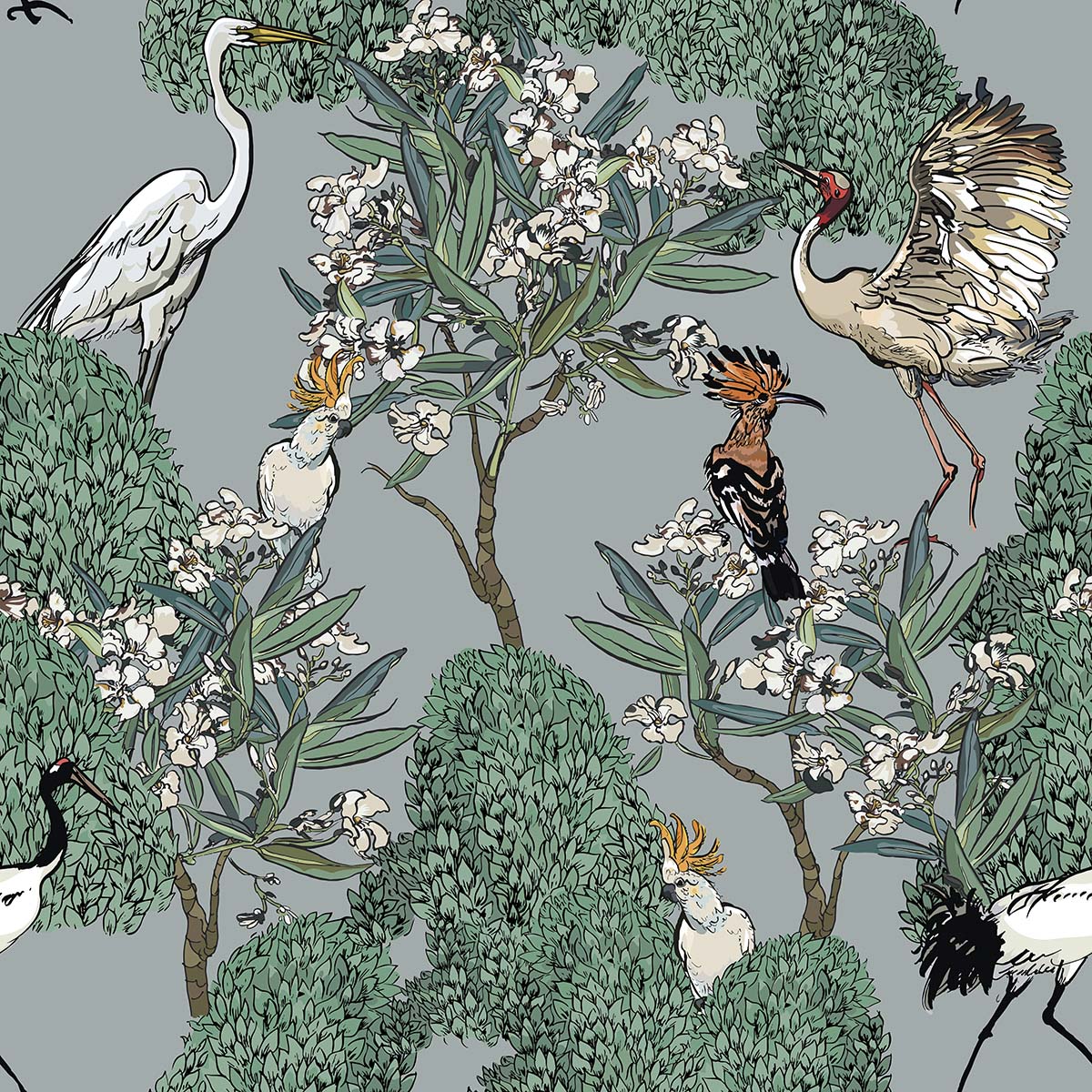 A wallpaper with birds and trees