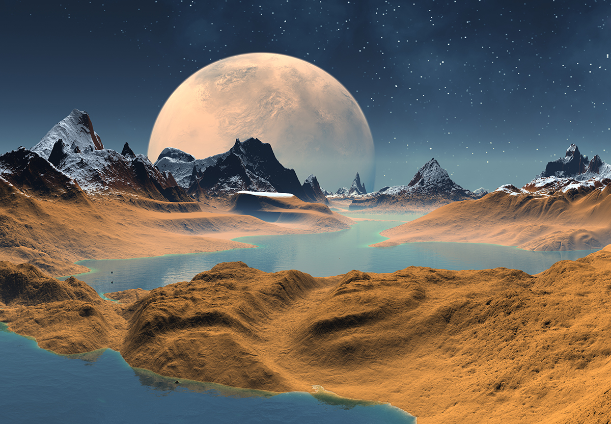 A moon over a rocky landscape