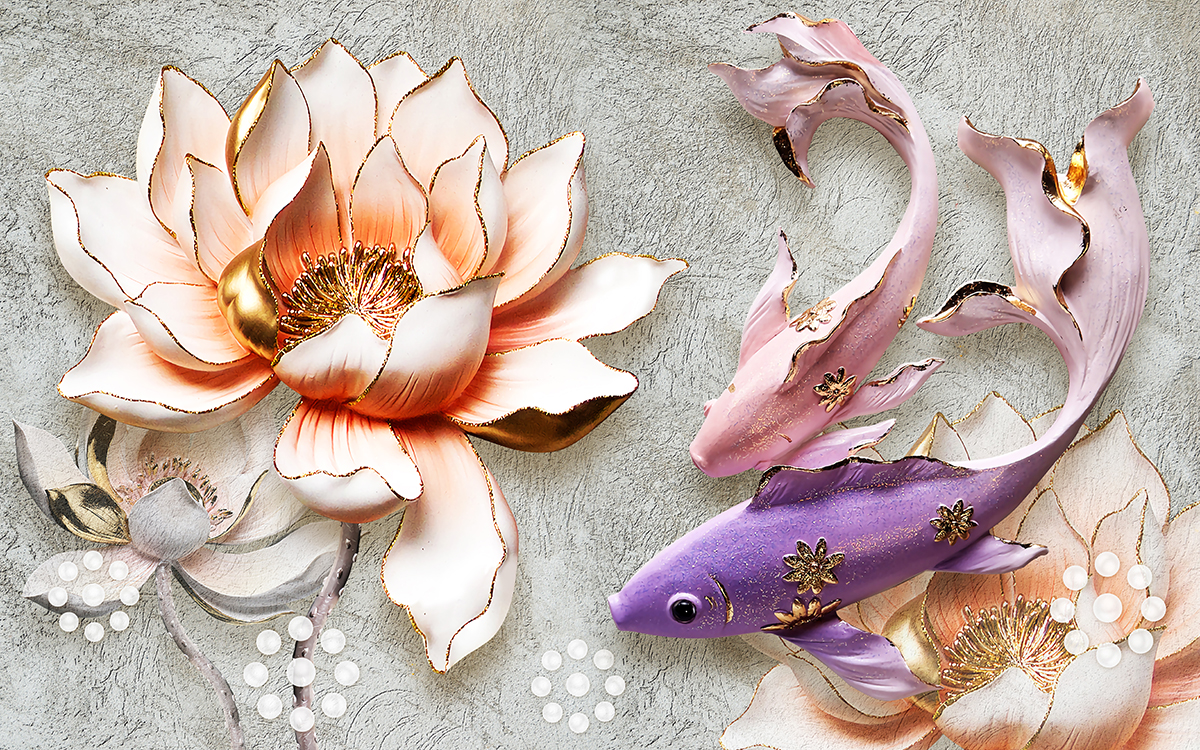 A purple fish and a pink flower