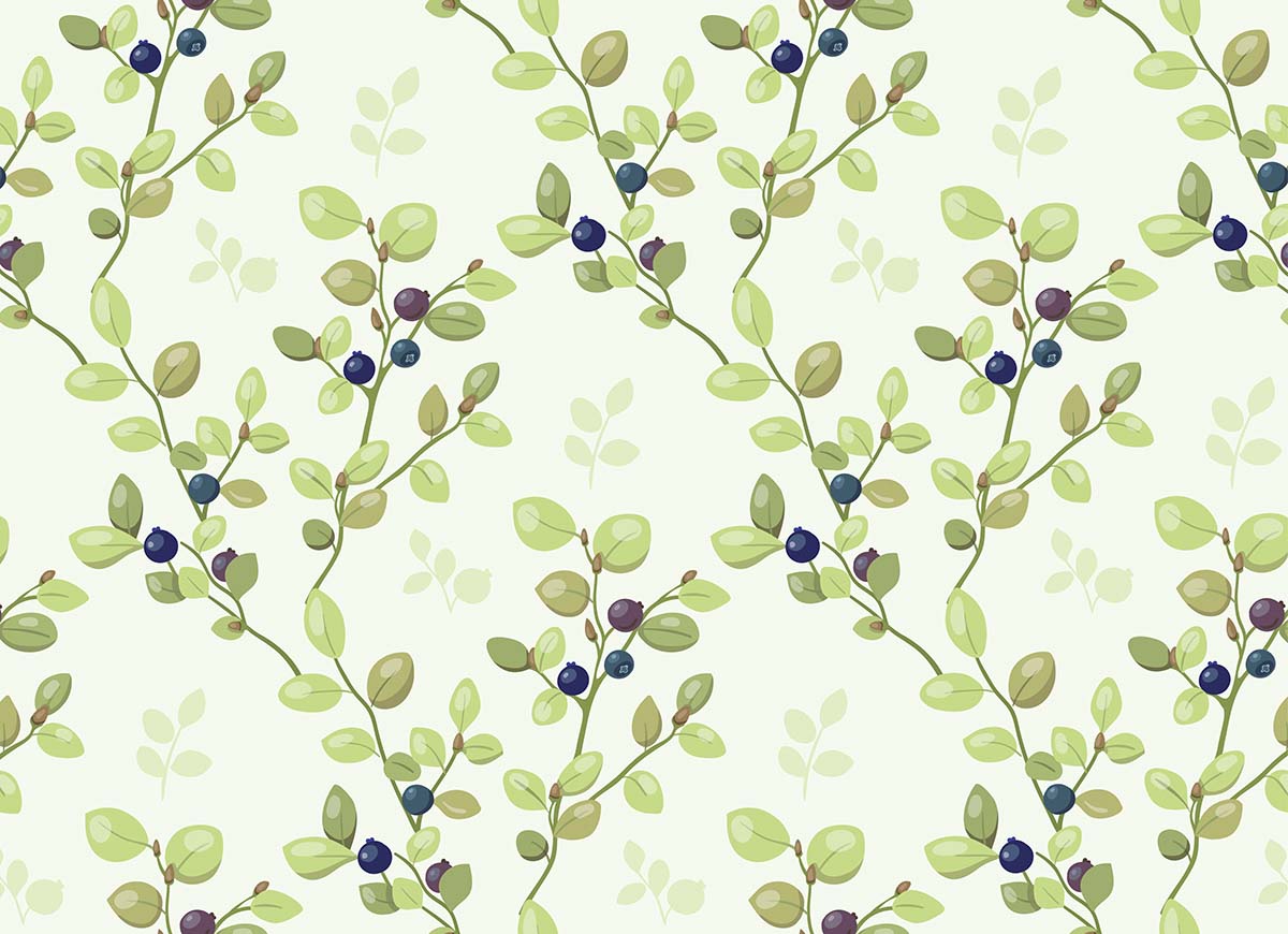 A pattern of blueberries and leaves