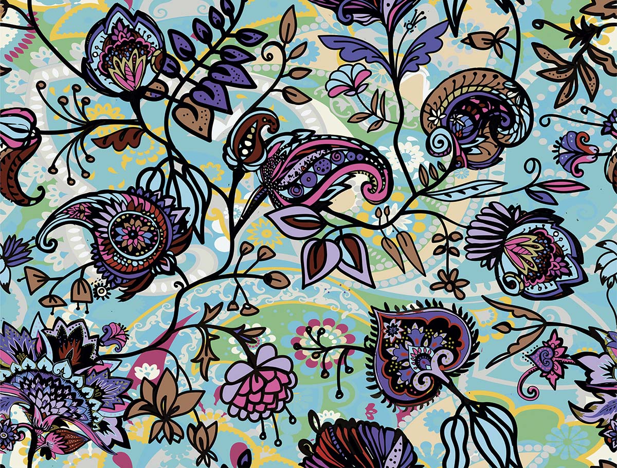 A colorful floral pattern with paisley and flowers