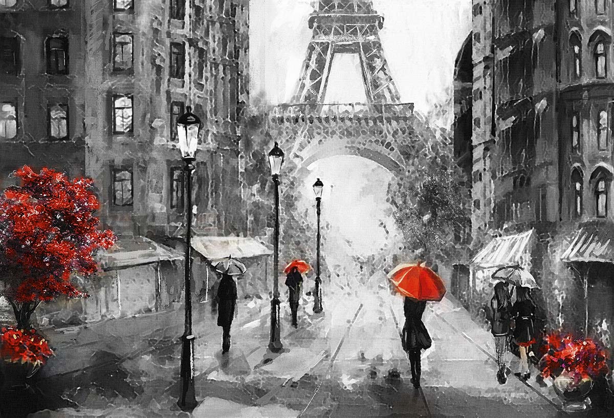 A painting of people walking in the rain with umbrellas
