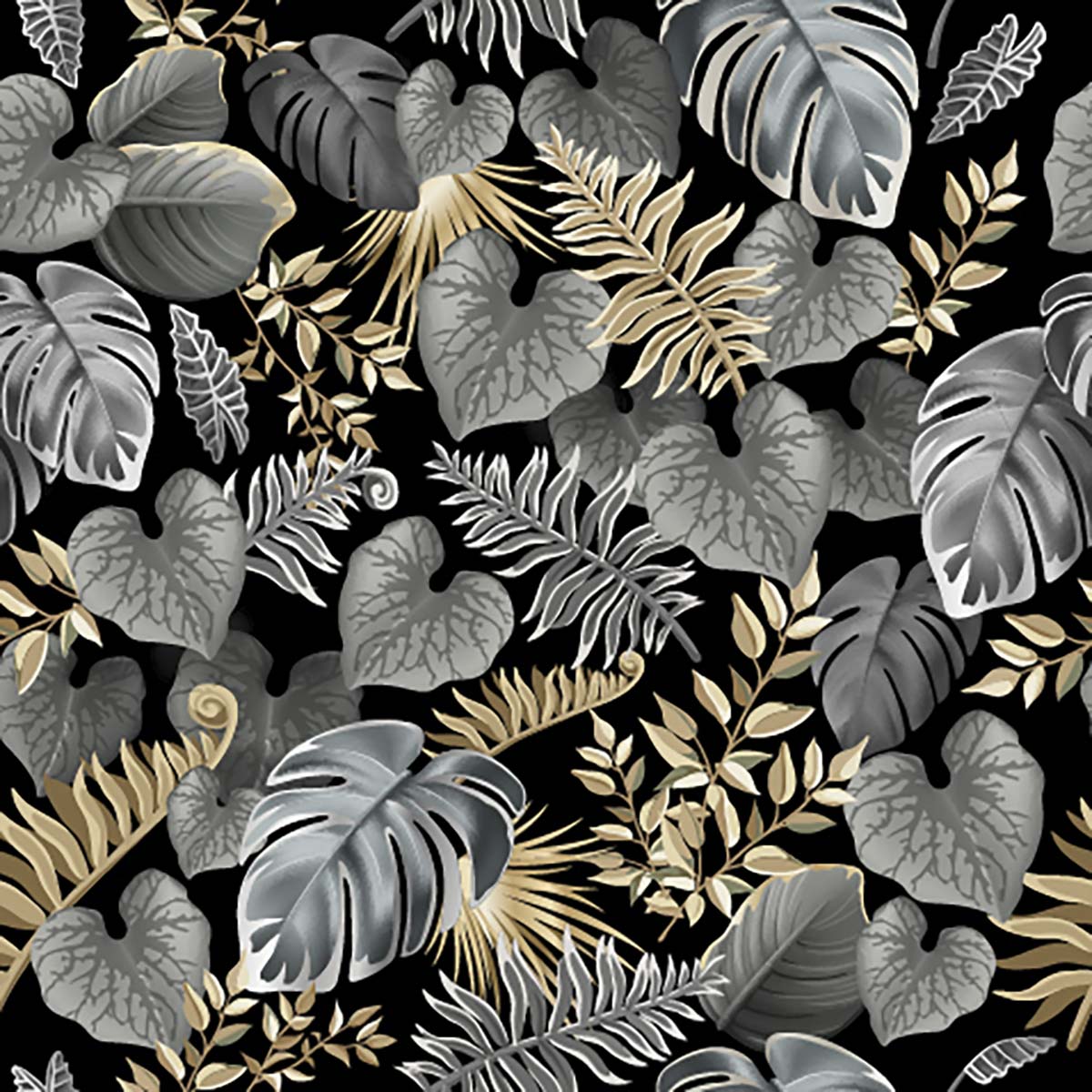 A pattern of leaves on a black background