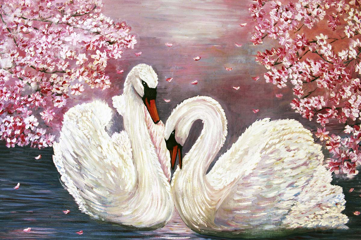 A painting of swans in water with pink flowers