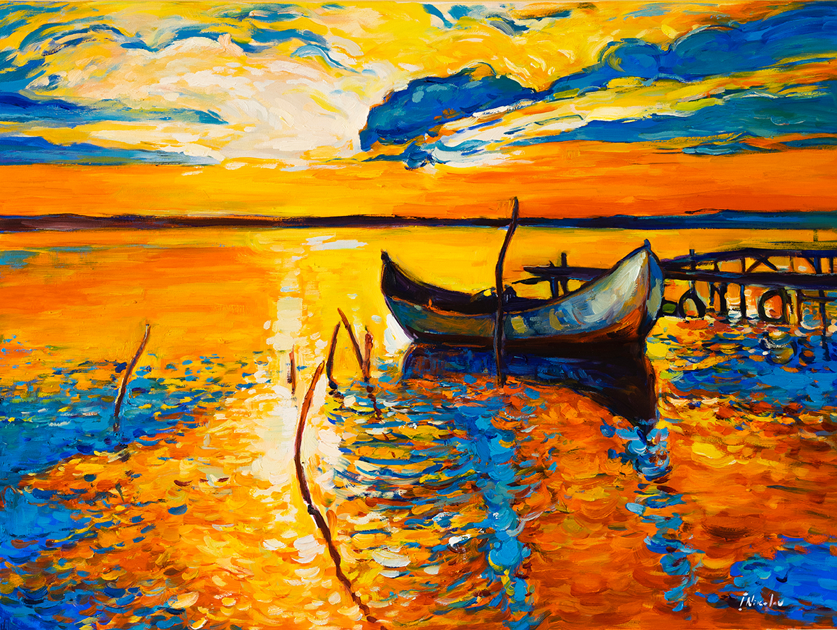 A painting of a boat on the water