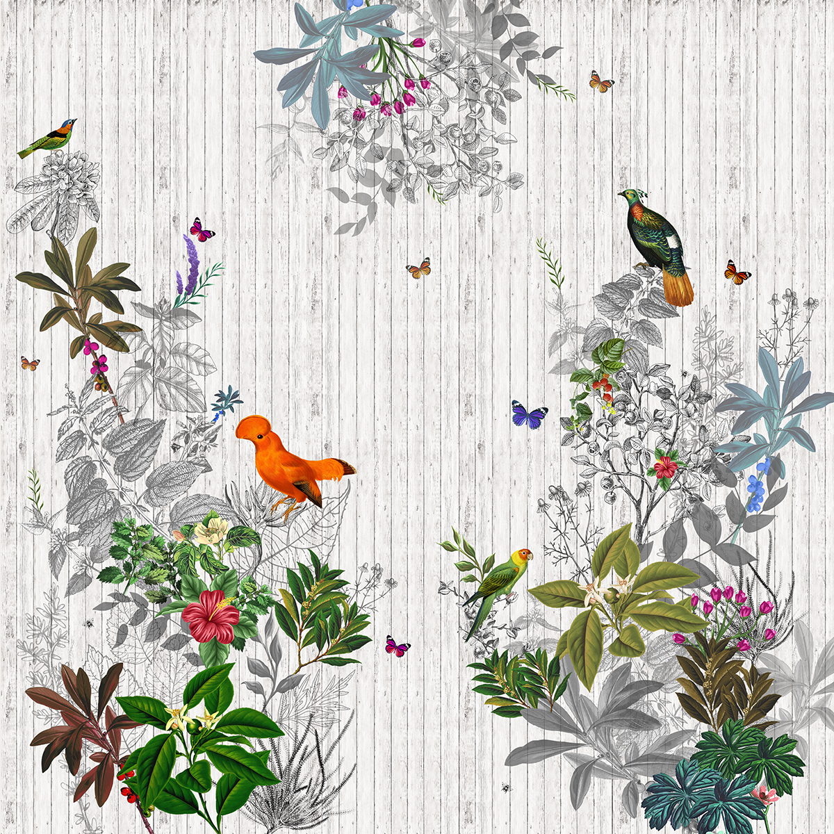 A wallpaper with birds and flowers