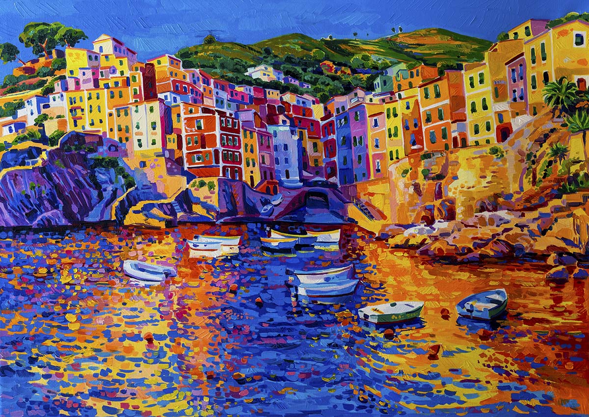 A painting of a city with boats on the water
