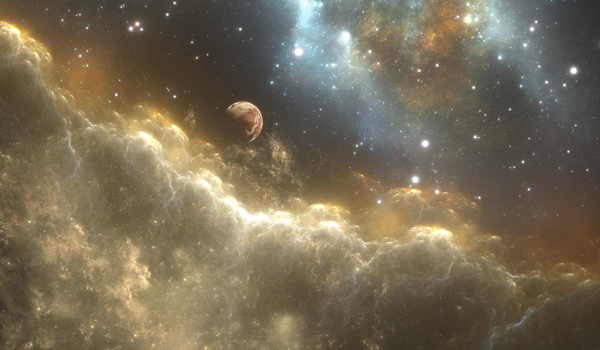 A planet in space with clouds and stars
