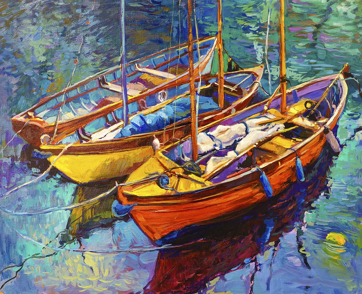 A painting of boats on water