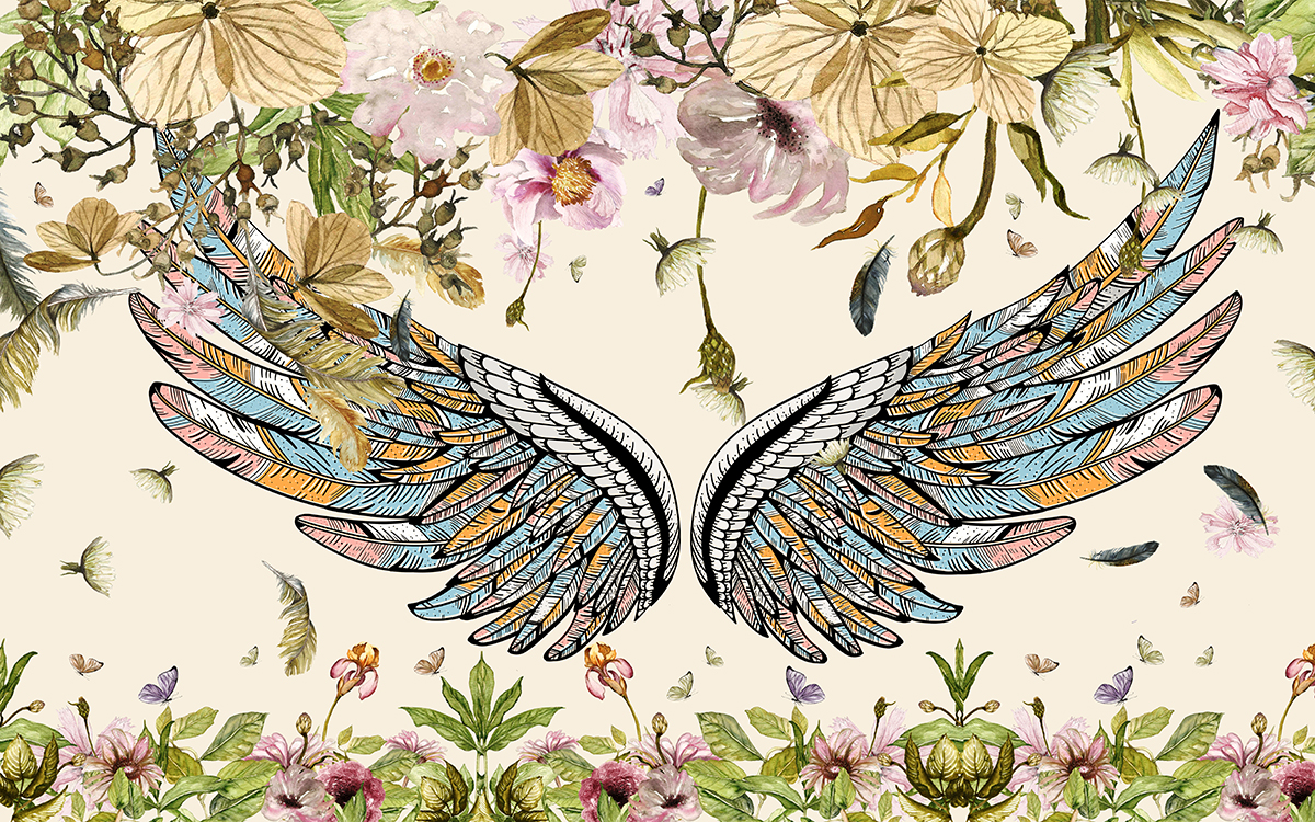 A painting of wings and flowers