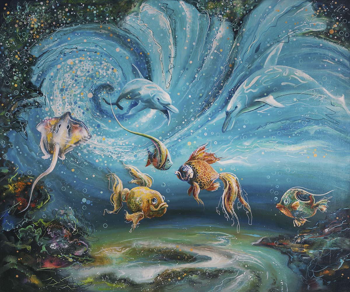 A painting of fish and dolphins