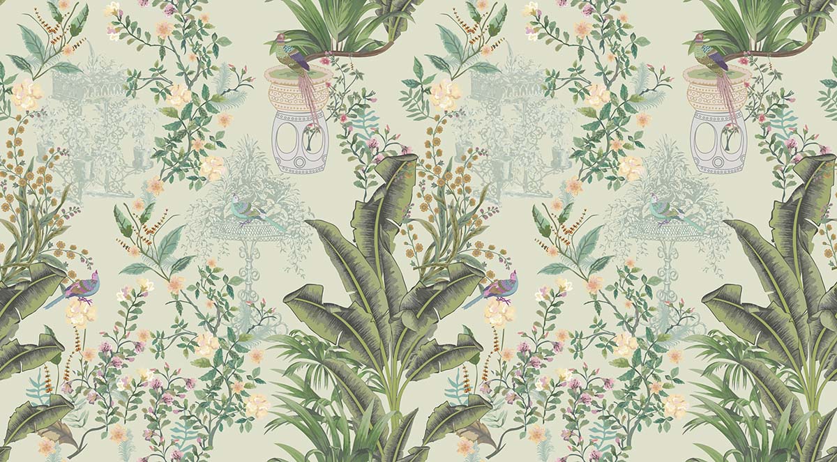 A wallpaper with a pattern of plants and birds