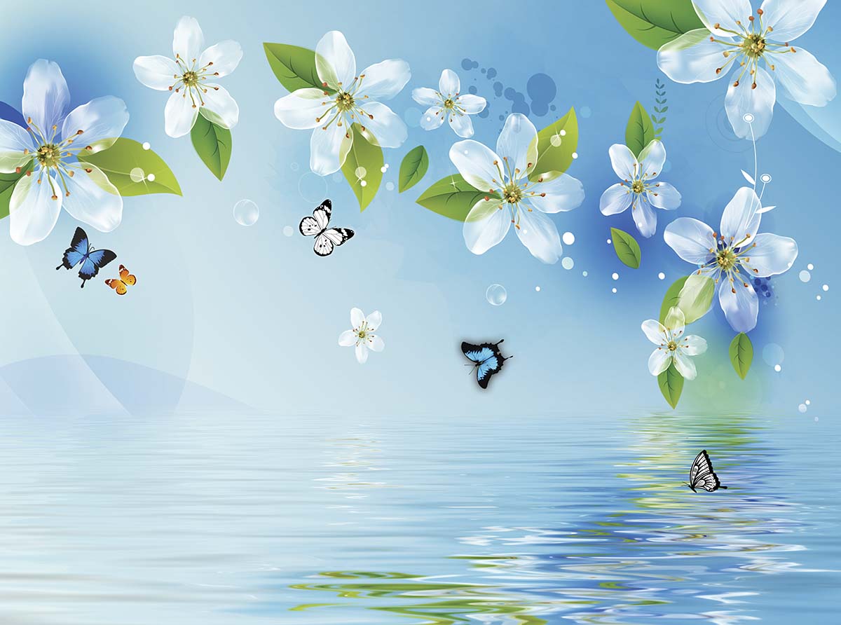 A blue sky with white flowers and butterflies