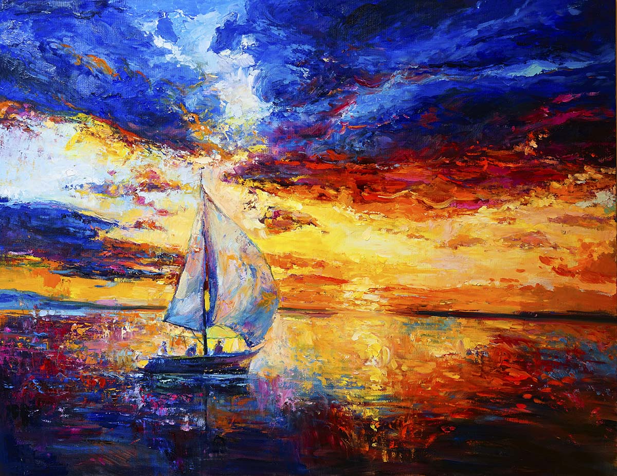 A painting of a sailboat in the water