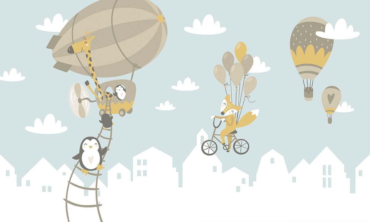 A cartoon animals riding a bike and a balloon