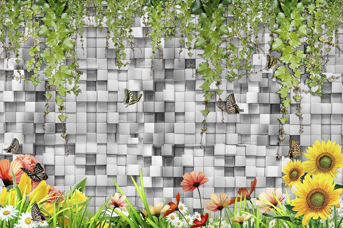 A wall with flowers and butterflies