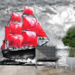 A painting of a ship with red sails