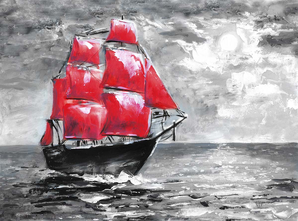 A painting of a ship with red sails